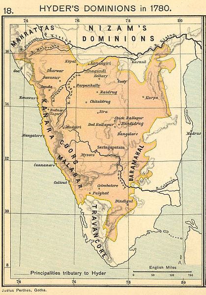 1780 map of the area of India controlled by Mysorean King Hyder Ally and  his son, Hyder Ally, after several decades of conflict with the British. |  HistoryNet