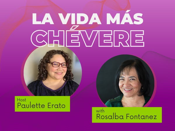 La Vida Más Chévere with faces of host Paulette Erato and guest Rosalba Fontanez in circles