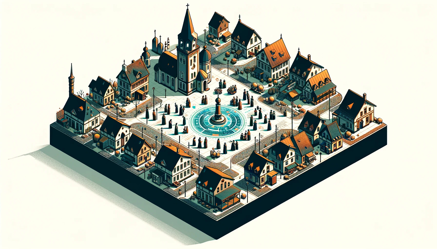 Create an icon set in a landscape orientation, featuring a small, picturesque town known for its historical and religious significance. The town is depicted with traditional architecture, including small houses, a central place of worship with a distinctive spire or dome, and cobblestone streets. On the outskirts of this town, we see a group of individuals gathered around a holographic display, depicting futuristic plans and innovations. These individuals are dressed in a mix of traditional and modern clothing, representing a cross-section of the town's population. The central theme of the icon is the contrast and coexistence of tradition and modernity. The traditional town serves as a backdrop to a group engaged in planning for the future, symbolizing the town's cautious approach to embracing new technologies and developments while preserving its cultural heritage. The depiction aims to show that even in places deeply rooted in tradition, there is room for discussion about the future and innovation. The design will be detailed and realistic, with an isometric perspective that provides depth and complexity to the scene, set against a white background to emphasize the content. 