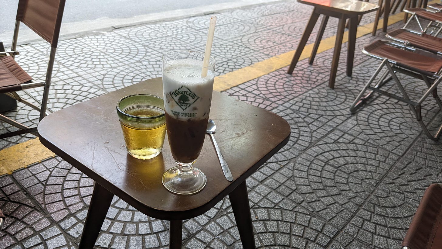 iced oat mocha and street scene