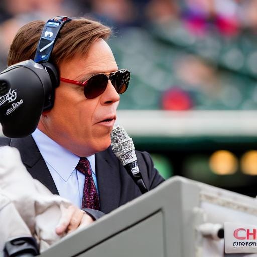AI generated photographic style image of sportscaster wearing sunglasses and headphones calling a game