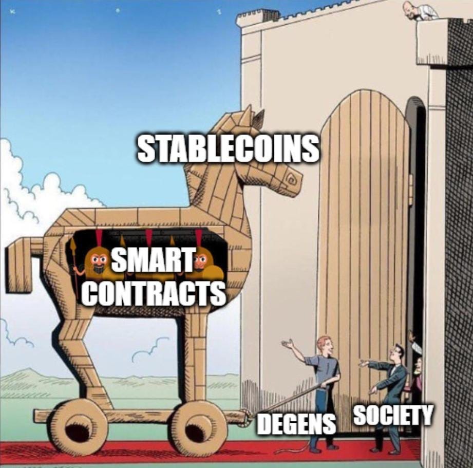 Trojan horse with the words "Stablecoins" on the outside and "smart contracts" on the inside