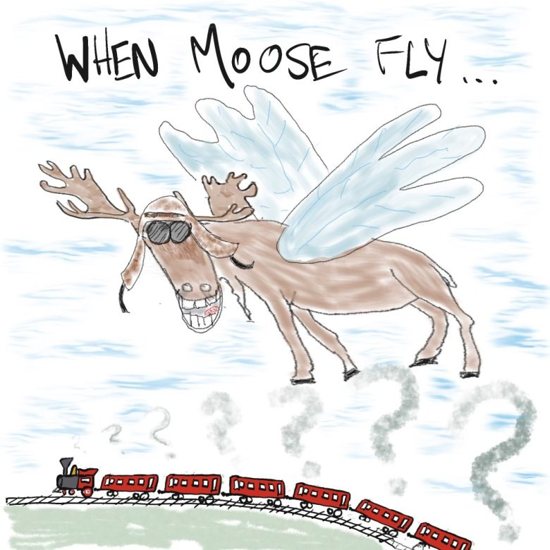 A cartoon featuring a winged moose flying over a train suggesting it will be a long time before rail service is delivered to the Front Range