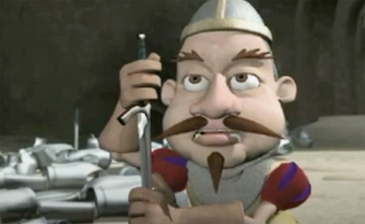 A computer generated character of a small knight holding a sword nearly as tall as himself with the blade pointed downward. He looks on with great trepidation.