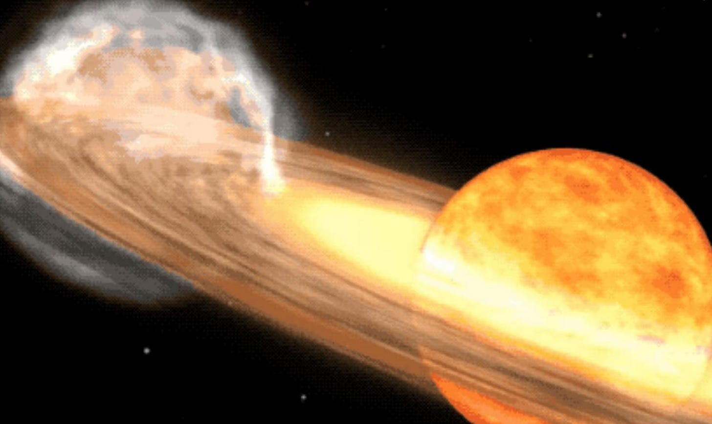 Artist's rendition of a two-star binary system, showing a hazy white cloud of gas on the lefthand side next to a bright yellow star with enveloping yellow rings of gas and dust. 