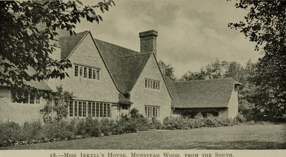 Illustration of a country house. Text reads' 18 - Miss Jekyll's House, Munstead Wood, from the South