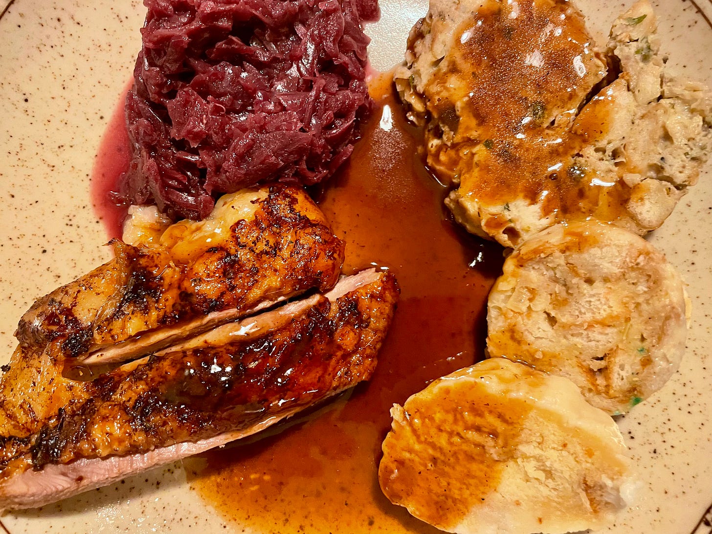A close-up of a plate featuring sliced roasted goose with golden, crisp skin, covered in a glossy gravy. On the side are vibrant red cabbage and thick slices of Bohemian bread dumplings, all served on a speckled ceramic plate. A close-up of a plate featuring sliced roasted goose with golden, crisp skin, covered in a glossy gravy. On the side are vibrant red cabbage and thick slices of Bohemian bread dumplings, all served on a speckled ceramic plate.