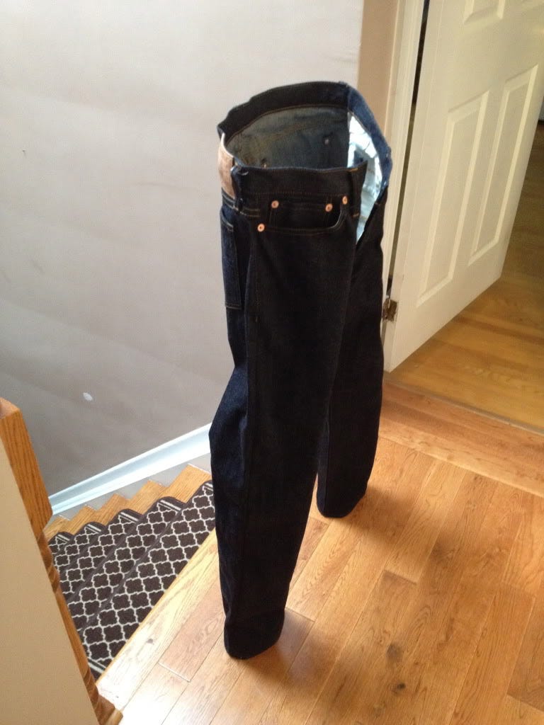 A pair of 32oz. Naked & Famous standing up on their own. : r/rawdenim