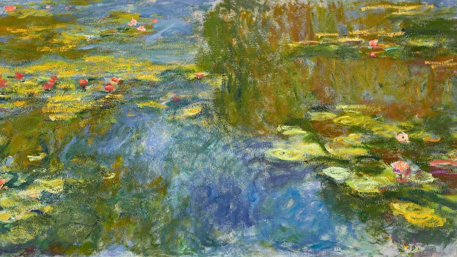 An Impressionist painting of water lillies on either side separated by water.