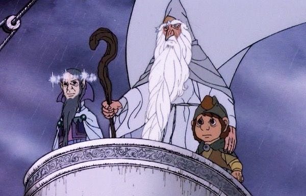 Elrond, Gandalf, Frodo and Bilbo depart Middle Earth for the Grey Havens