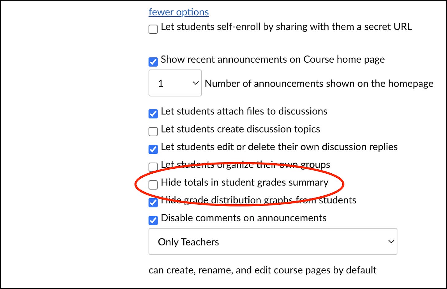 The checkbox for "Hide totals in student grades summary", showing that it should be unchecked.