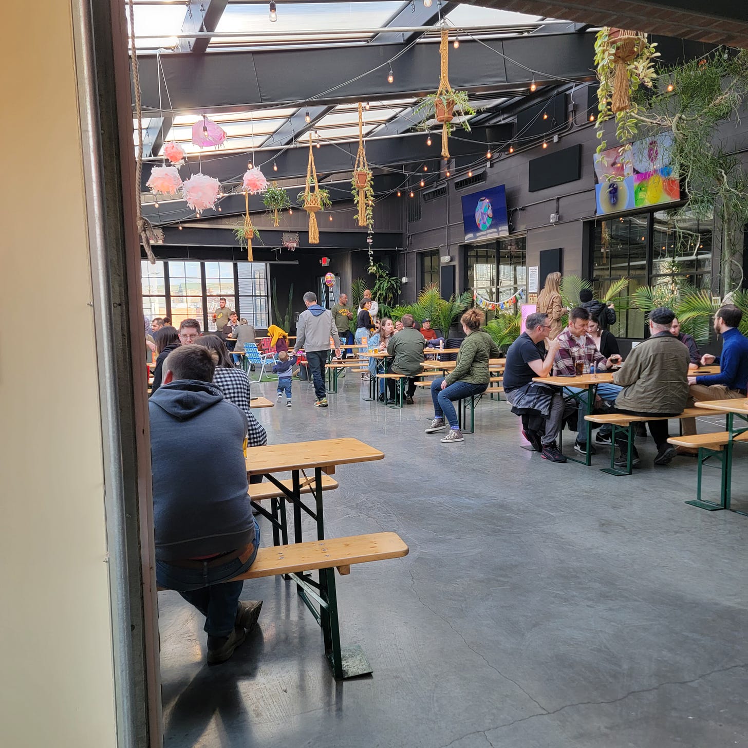 Indoor beer garden-style space, filled with sunlight, hanging plants, and art