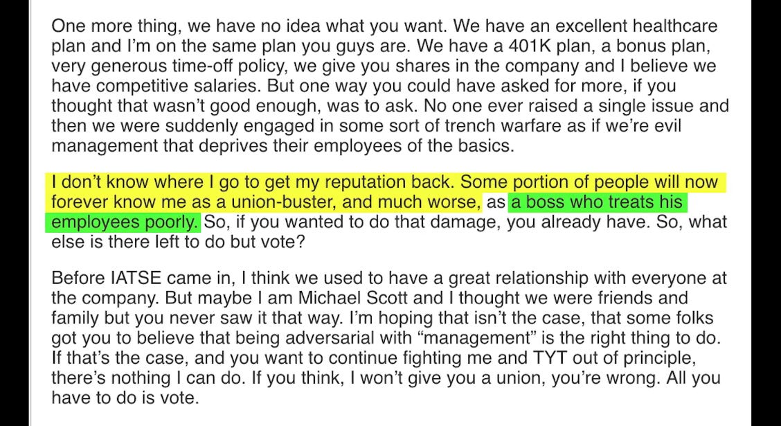 three paragraphs of black text on white from an email Cenk Uygur sent to workers - the middle paragraph has sentences highlighted in yellow and green, the relevant line is 'a boss who treats his employees poorly'