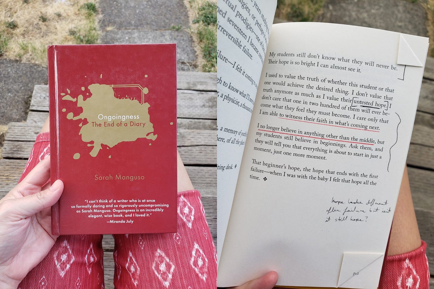 On the left: A photograph of Manguso's earlier book, Ongoingness. On the right, a look at the margin notes inside the author's copy of it.