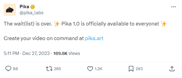 Pika's launch announcement on Twitter. No more waitlist.