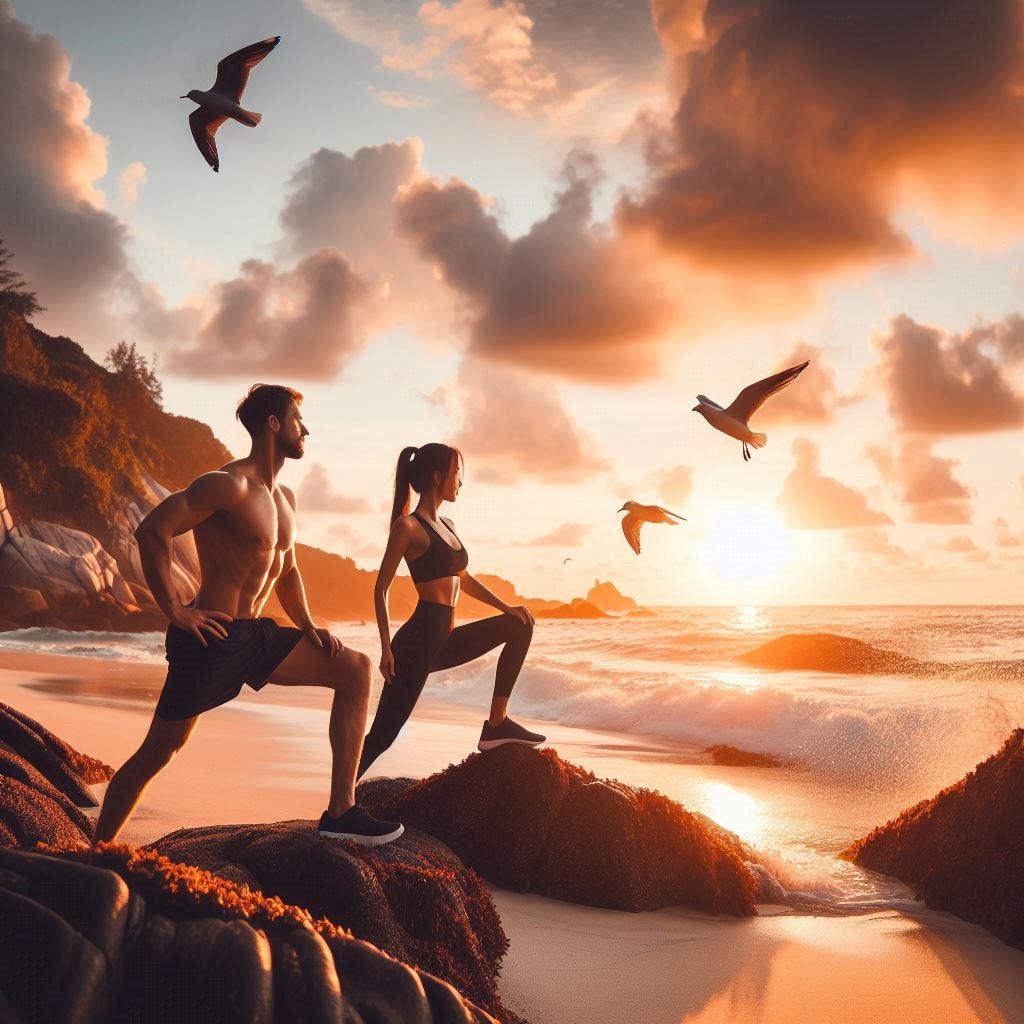 um casal lindo fazendo exercícios nas pedras numa linda praia com um pôr do sol ao fundo e algumas gaivotas voando no céu