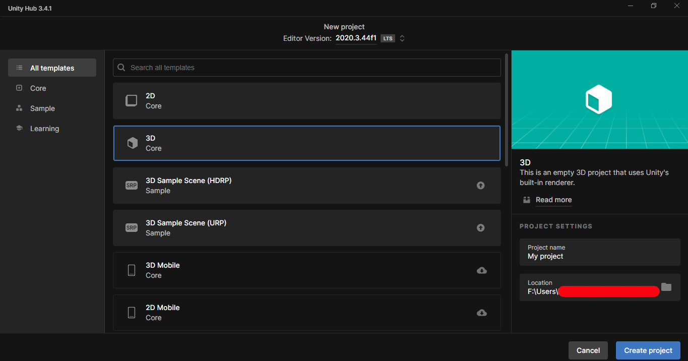 Unity Hub, new project window, templates section