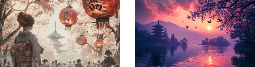 On the left, a woman in a kimono is seen from behind under blooming cherry blossom trees with bright red lanterns, while other people walk along the path. On the right, a serene scene shows a traditional Japanese pagoda reflecting in a calm lake during sunset, framed by tree branches and birds flying across the colorful sky.