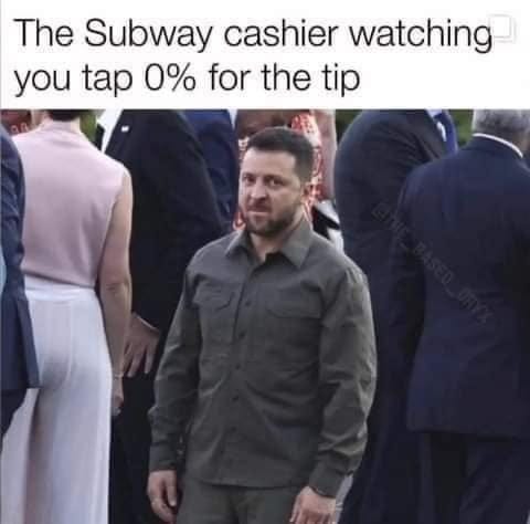 May be an image of 3 people and text that says 'The Subway cashier watching you tap 0% for the tip'