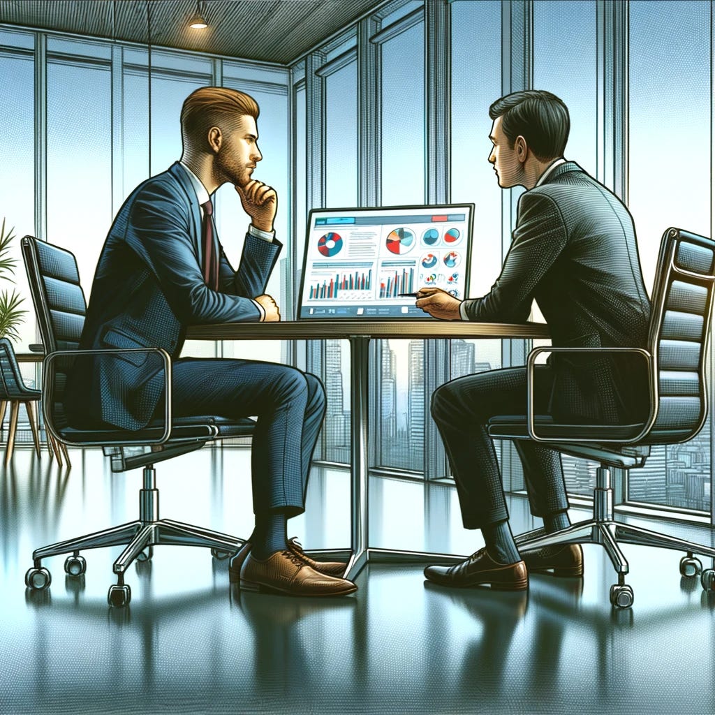 A digital painting of a professional, sitting across from their client at a sleek, modern office table. Both individuals are engaged in a serious discussion, with the professional presenting ideas on a digital tablet that displays colorful charts and data. The client, interested and attentive, leans forward to get a better view of the presentation, nodding in understanding and asking questions. The office is spacious and well-lit, with large windows offering a view of the city skyline. The setting is designed to evoke a sense of collaboration and trust, with every element - from the furniture to the technology used - reflecting a modern, efficient work environment. Drawn with: digital, focusing on realistic expressions, dynamic interaction between the characters, and a professional atmosphere.