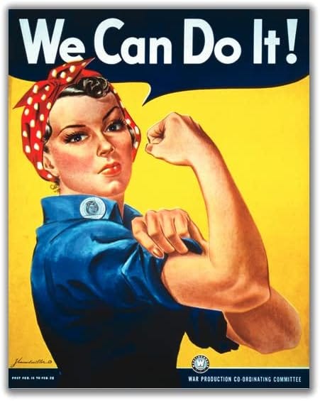 Iconic poster featuring a strong and determined woman in worker's clothes and a bandana tied around her hair, raising her arms in front of her to show her muscular build