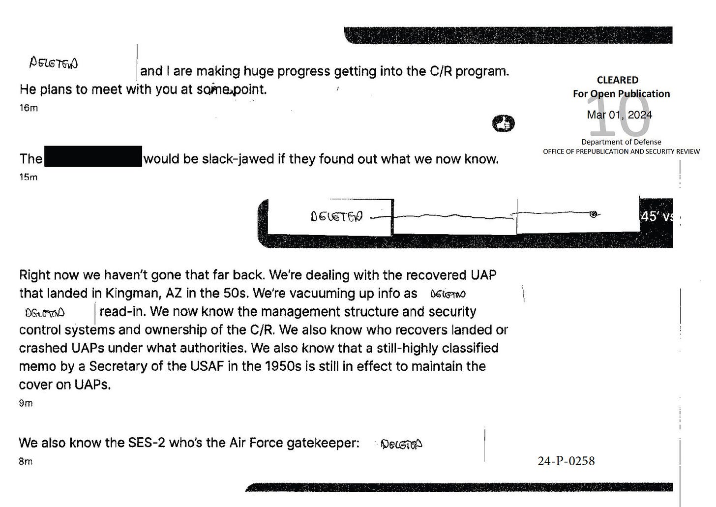 Scan of redacted message exchange, cleared for publication by DOPSR.