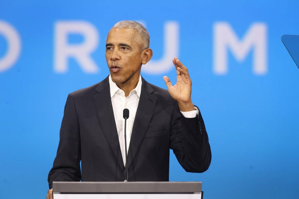 Former President Barack Obama speaks to attendees at the Obama Foundation Democracy Forum on November 03, 2023 in Chicago, Illinois.