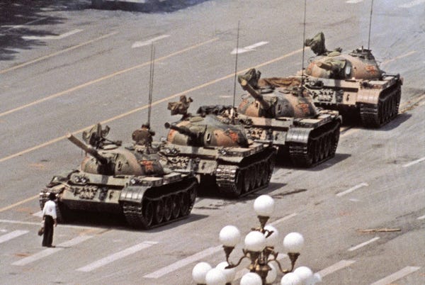 Jeff Widener, working for the Associated Press, shot this version of the "tank man" (June 1989).