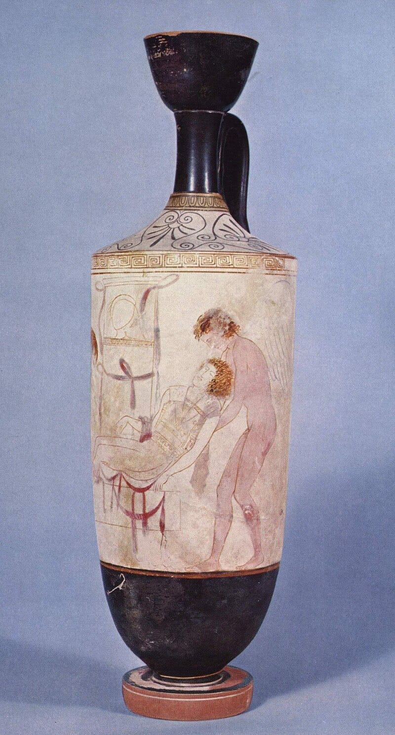 Hypnos and Thanatos carrying the body of Sarpedon from the battlefield of Troy. Detail from an Attic white-ground lekythos, ca. 440 BC.