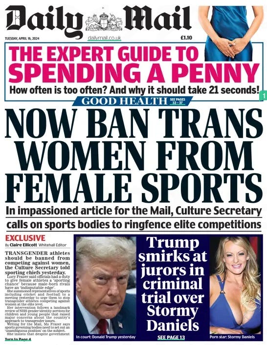 NOW BAN TRANS WOMEN FROM FEMALE SPORTS In impassioned article for the Mail, Culture Secretary calls on sports bodies to ringfence elite competitions Daily Mail16 Apr 2024By Claire Ellicott Whitehall Editor TRANSGENDER athletes should be banned from competing against women, the Culture Secretary told sporting chiefs yesterday. Lucy Frazer said officials had a duty to give female athletes a ‘sporting chance’ because male-born rivals have an ‘indisputable edge’. She summoned representatives of sports including cricket and football to a meeting yesterday to urge them to stop transgender athletes competing against women at the elite level. Her intervention follows a landmark review of NHS gender identity services for children and young people that raised major concerns about the country’s approach to transgender issues. Writing for the Mail, Ms Frazer says sports governing bodies need to set out an ‘unambiguous position’ on the subject. She insists that despite government guidance urging them to consider fairness and safety, some authorities are ‘not going far or fast enough’. ‘In competitive sport, biology matters. And where male strength, size and body shape gives athletes an indisputable edge, this should not be ignored,’ she writes. ‘By protecting the female category, they can keep women’s competitive sport safe and fair and keep the dream alive for the young girls who dream of one day being elite sportswomen. ‘We must get back to giving women a level playing field to compete. We need to give women a sporting chance.’ During the summit yesterday, Ms Frazer encouraged the England and Wales Cricket Board and the Football Association to ban trans athletes from competing against women at the elite level. She urged them to follow the lead of other sports, including swimming, cycling, rowing and athletics, which have put in place rules to protect biological women. The ECB and FA’s policies are under review but permit transgender women to compete in female competitions subject to certain conditions. Also present at yesterday’s meeting were representatives from the rugby Football Union, British Cycling and Swim England. The bodies updated Ms Frazer with their policies and the challenges they face in implementing them, sources said. In 2021, the Sports Council Equality Group published its transgender inclusion guidance for governing bodies, making clear that balancing transgender inclusion, safety and fairness where sex can have an impact on a result, is not always possible. The report concluded that there could be no ‘one size fits all’ approach across sport, and that ruling bodies define the best options for their sport. Ms Frazer’s intervention in the debate is the latest move by ministers to tackle the spread of radical gender ideology following the landmark Cass review. The review found that children experiencing gender distress and wanting to transition had been let down by a lack of research and ‘remarkably weak’ evidence on medical interventions such as puberty blockers. Health Secretary Victoria Atkins has criticised a ‘culture of secrecy’ in gender treatment, while women and equalities minister kemi Badenoch attacked the ‘cowardice’ of public bodies. Mrs Badenoch said the Cass recommendations could not be implemented until the Government addressed the ‘underlying problem’ of ‘ideological capture’ in British institutions. A recent BBC survey found more than 100 elite sportswomen were uncomfortable with transgender women competing in female categories in their sport. Among them is olympic medallist Sharron Davies who has accused men of ‘stealing’ from women in sport by allowing trans athletes to compete against them. A report by Fair Play for Women earlier this year found women and girls were quitting sports after being injured and intimidated by transgender competitors. Last week, World Netball announced it would be banning transgender women from competing in the female category of international competition following an extensive consultation that concluded international women’s netball was a ‘gender affected activity’. Since April 2023, Swim England has moved to exclude transgender women from female competitions with a new ‘open’ category being created. British Cycling has similarly excluded transgender women from elite female competitions since December 2023. In July 2022, the rugby Football Union announced transgender women would be excluded from the female category from ages 12 and above. England Netball’s policy is still under review and allows transgender women to compete in what it calls ‘friendly and informal matches’. However, it says that the overriding sporting objective is ‘the guarantee of fair and safe competition’ and that participation can be restricted in domestic competition in order to uphold these priorities. SPORTING bodies love to trumpet their commitment to fairness and equality. Yet some still allow trans women to compete against biological women in major events – making them patently unfair and unequal. Biological men are generally stronger and faster, even after taking testosteronesuppressants. Swimming, cycling and athletics authorities have realised this and barred trans women from all- female competition. Other sports, including football and cricket, have yet to follow suit. Culture Secretary Lucy Frazer is right to say that their failure to act is discouraging women and girls from taking part. As she tells the Mail, it’s time they were given a ‘sporting chance’. Article Name:NOW BAN TRANS WOMEN FROM FEMALE SPORTS Publication:Daily Mail Author:By Claire Ellicott Whitehall Editor Start Page:1 End Page:1