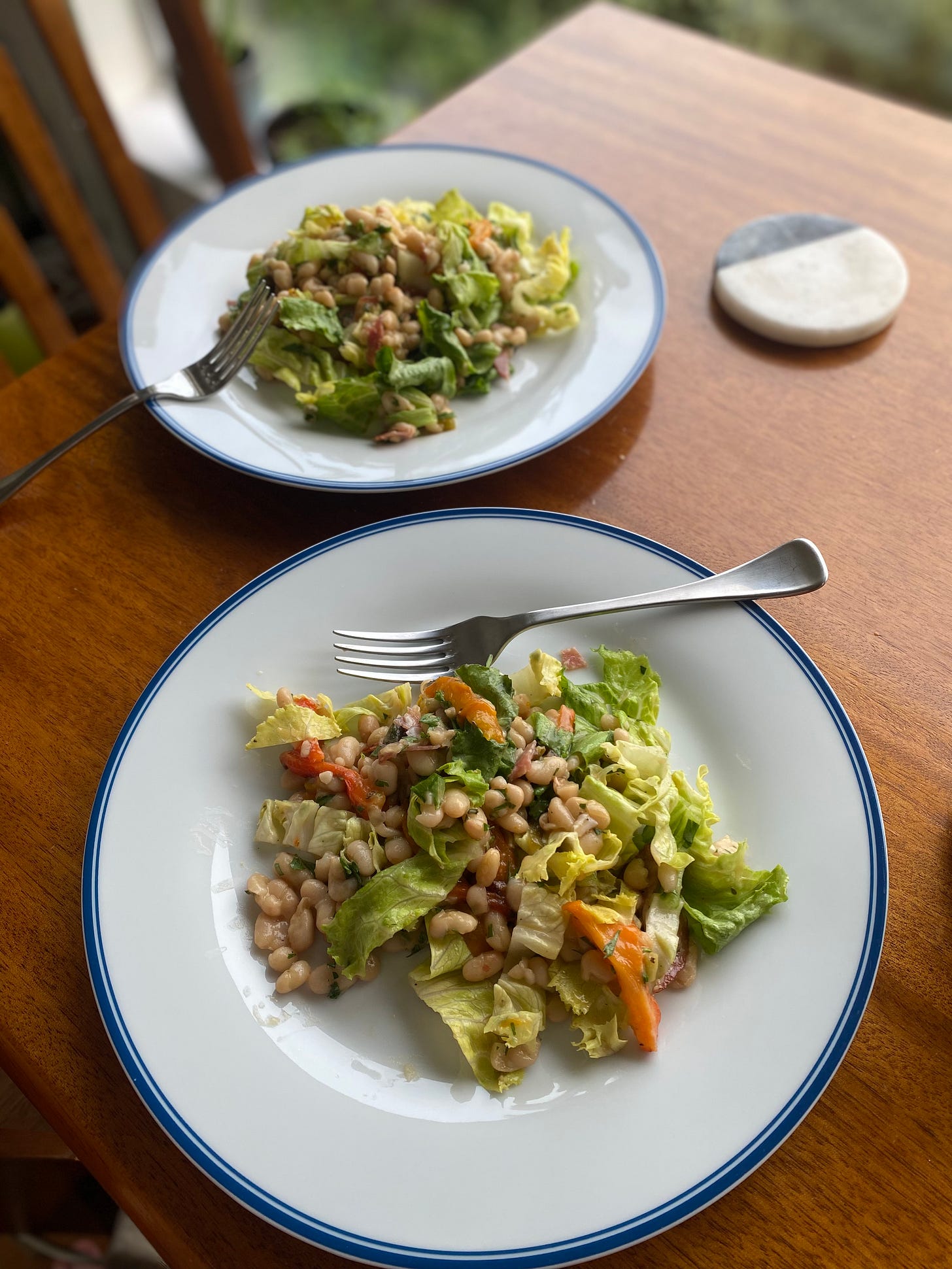 On a white plate with a blue rim, a white bean salad with green leaf lettuce, roasted orange and red pepper slices, herbs, and salami.