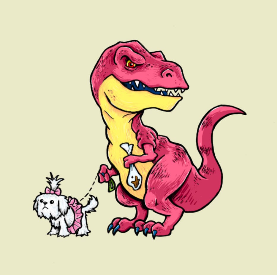 A cartoon of a dinosaur holding a dog

Description automatically generated