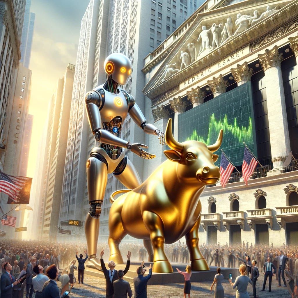 Visualize a metaphorical scene capturing the sense of relief and optimism in the stock market, inspired by Nvidia's performance and the Federal Reserve's steady outlook. The scene takes place on Wall Street, with a giant, benevolent figure of an AI robot gently placing a gleaming, golden bull statue atop the New York Stock Exchange, symbolizing a bull market. Around the robot and the bull, traders and investors are gathered, celebrating with expressions of joy and relief. The backdrop features a bright, sunny sky, hinting at the optimistic outlook for the future. Buildings are adorned with digital screens showing upward-trending graphs and Nvidia's logo, reflecting the influence of AI on the stock market's success.