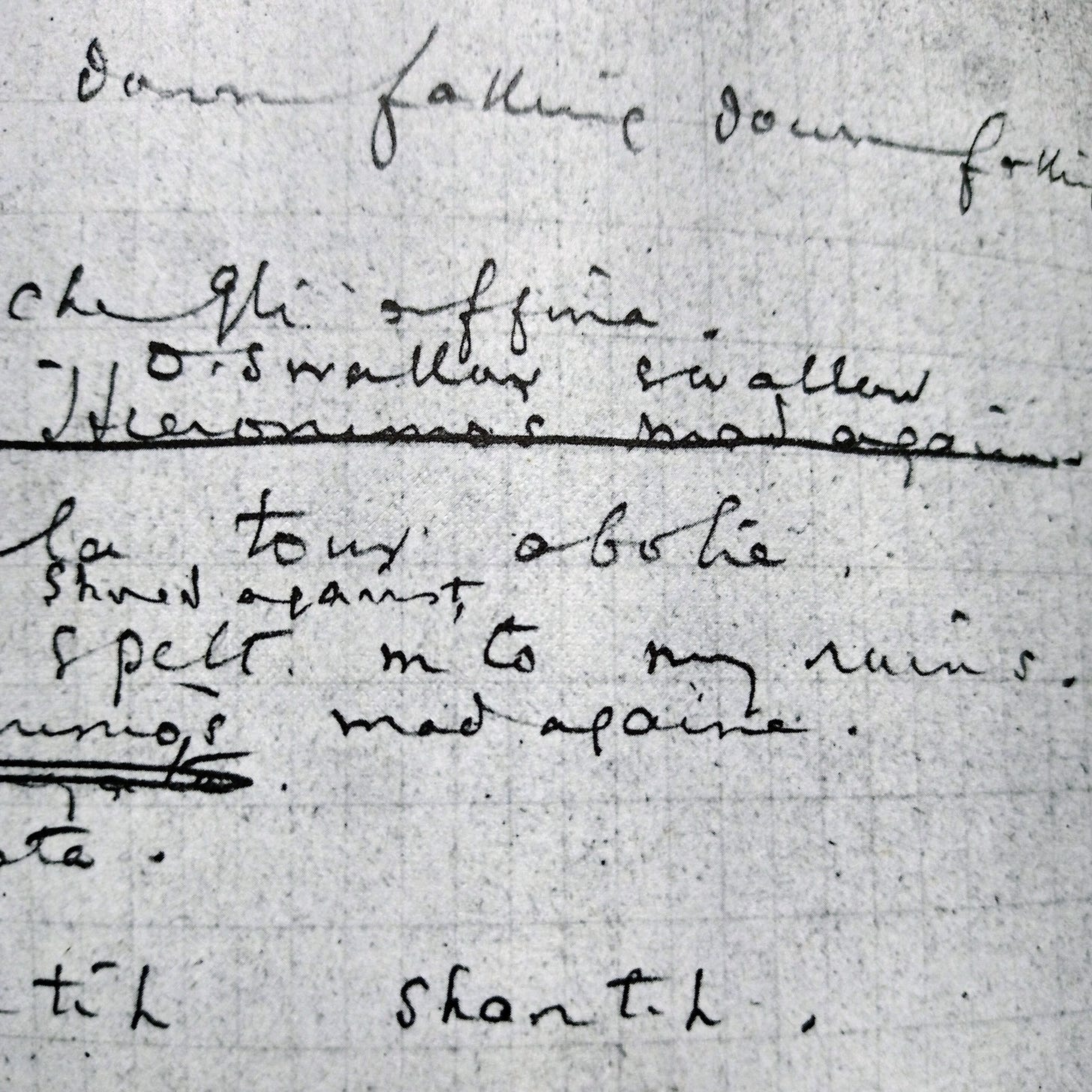 Manuscript of The Waste Land showing 'shored against' written above 'spelt into my ruins'