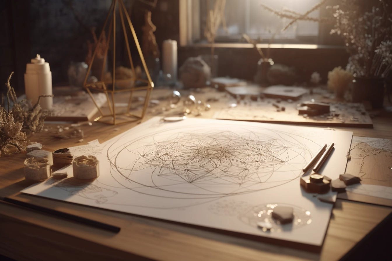 a designers workbench in morning light with sacred geometry sketch in progress a designers workbench in morning light with sacred geometry sketch in progress