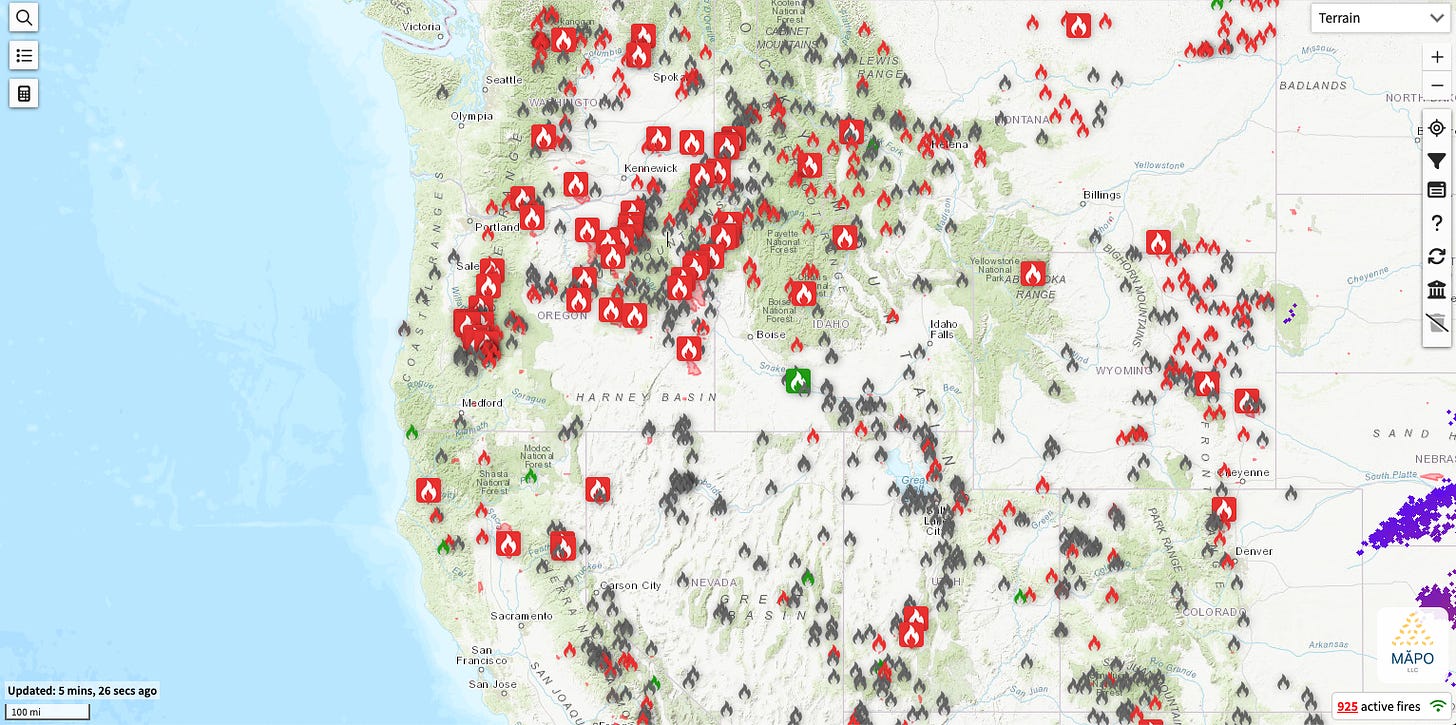 Fire map of Pacific Northwest, nearly 100 blazes currently.