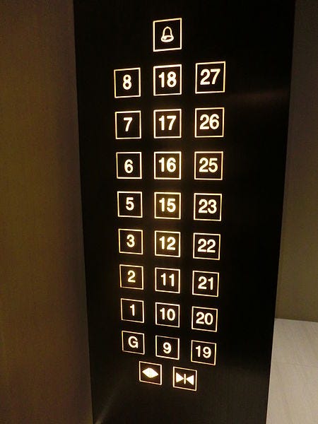 A lift panel with buttons stacked in three rows going high, Alert button placed at the very top