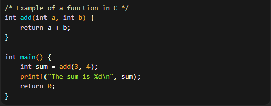 In this example, the add() function takes two integer parameters and returns their sum. The function is defined within the program and executed in the same execution context as the calling code. The add() function is called from the main() function with the arguments 3 and 4, and the result is printed to the console.