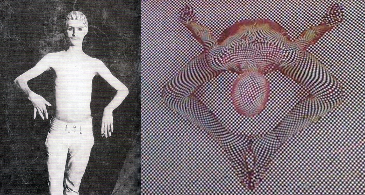 on the right, a man in a bald cap and no shirt; on the left, a polka dotted figure against a polka dotted background