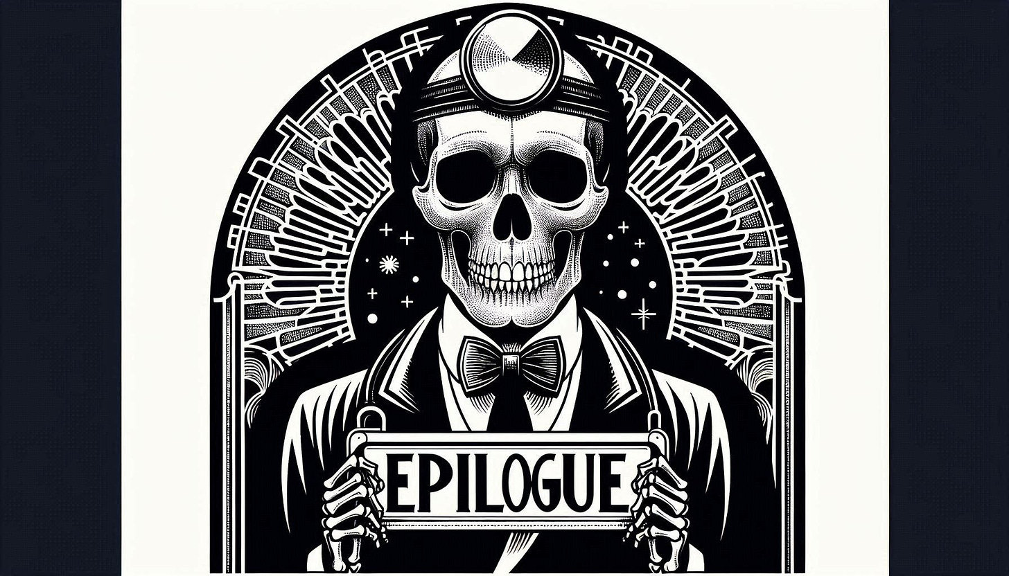 drawing of a skeleton doctor holding a sign that says "Epilogue" in black in white art deco style. Image 1 of 4