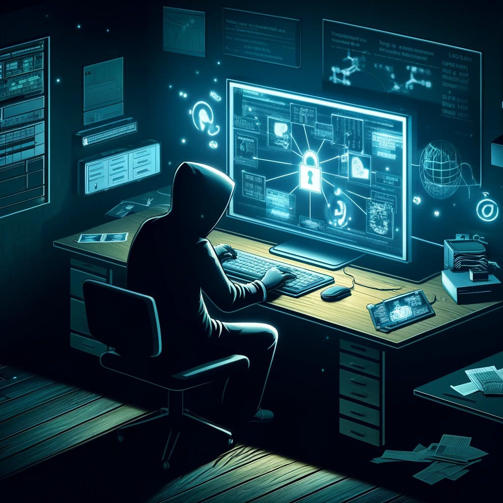 An illustration depicting a computer being used to commit fraud. The scene shows a dark and shadowy room with a single desk illuminated by the glow of a computer screen. The screen displays a complex scheme with digital representations of stolen data and unauthorized transactions. Surrounding the computer are scattered papers, digital devices, and a figure with a hood, partially visible, typing frantically. The mood is tense and secretive, emphasizing the illicit nature of the activity.