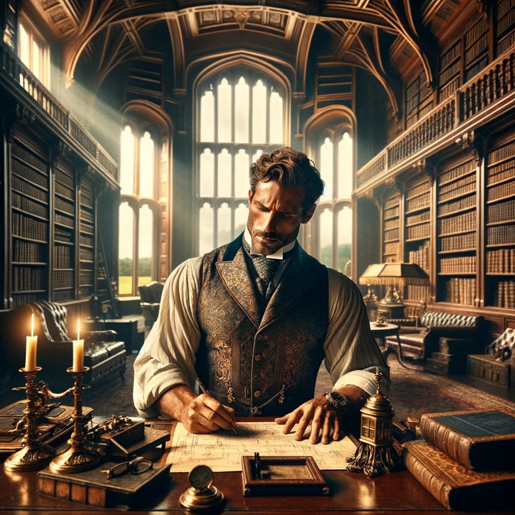 An imposing alpha male, embodying strength and leadership, is captured meticulously documenting a moment from the Industrial Revolution within the confines of a luxurious library. This library boasts an array of opulent features, including high, ornate ceilings, walls lined with rich, mahogany bookshelves filled to the brim with ancient tomes, and a grand fireplace with a roaring fire. The man is dressed in a fine, historically accurate outfit reflective of the era, consisting of a tailored jacket, a vest with intricate patterns, and a polished monocle. He is engaged in writing, using a vintage, ornate desk that faces a large, bay window overlooking a serene landscape. The desk is strewn with historical artifacts, old maps, and engineering blueprints from the Industrial Revolution period. Light filters in through the window, illuminating the scene with a soft, golden hue, enhancing the overall atmosphere of scholarly elegance and timelessness.