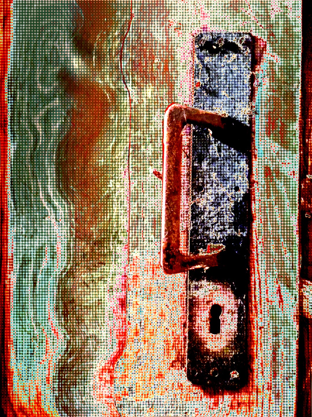 A digitally altered, close-up image of an old, weathered door lock and handle on a wooden door with peeling paint in shades of green, red, and brown.