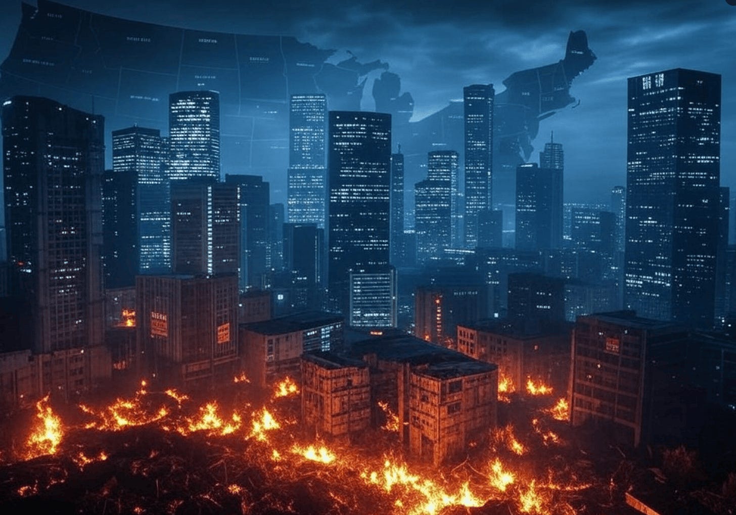 A city in flames with buildings in the background

AI-generated content may be incorrect.