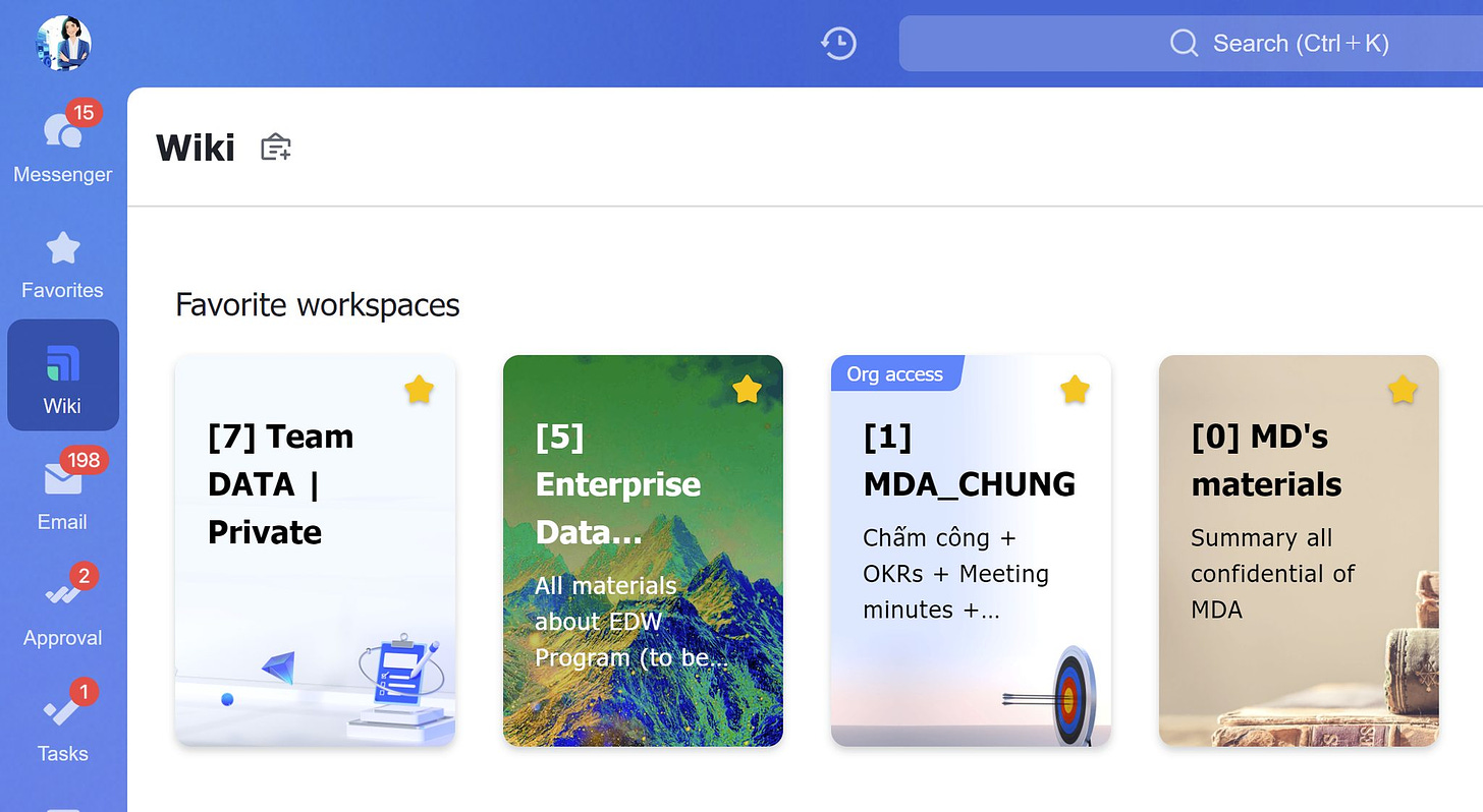 Có thể là hình ảnh về văn bản cho biết '15 Messenger Wiki Favorites Search (Ctrl+ K) Favorite workspaces Wiki 198 Email [7] Team DATA I Private Org access [5] Enterprise Data... Approval [0] MD's materials [1] MDA_CHUNG CHUNG Chấm công- OKRs Meeting minutes +... All materials about EDW Program (to be. Tasks Summary all confidential of MDA'