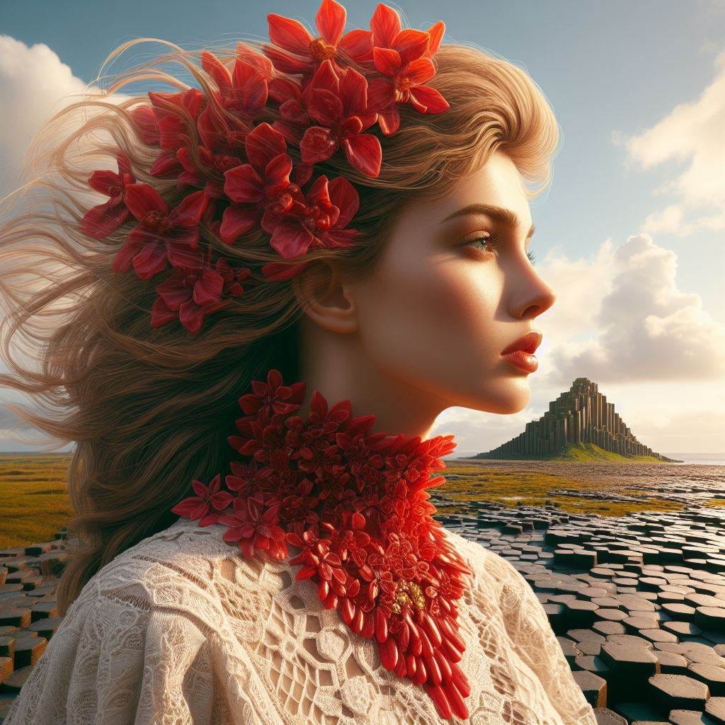 Hyper realistic; close up Hikuri woman red  inclorescence Asteridae brooch. wipsy cream lace jacket. background Hexagonal Basalt Columns (Giant's Causeway) becoming one with flat plain . Vast distance. sunny day  clouds of dreams and music spilling rain of light