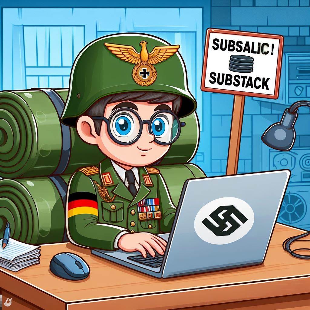 blogger sitting at computer dressed as german military, substack sign in background, cartoon