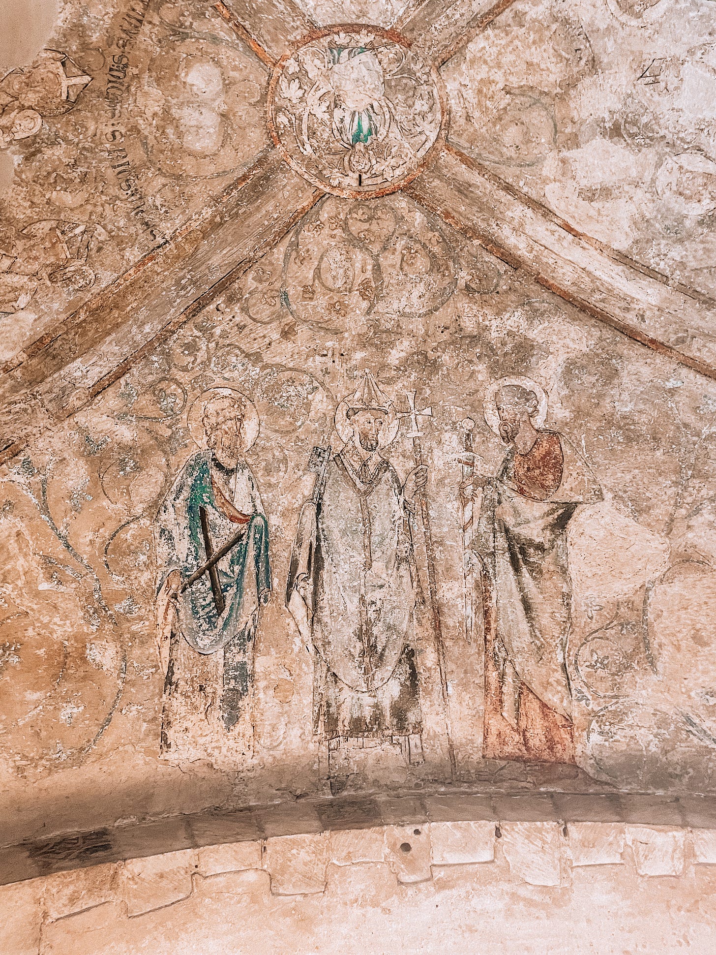 A painted 13th century ceiling fresco in Norwich Cathedral of St Andrew, St Peter and St Paul