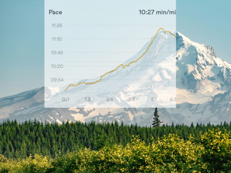 My pace, ranging from under 10 minutes per mile to about 11:30 with an average of 10:27 per mile, superimposed over a photo of Mt. Hood.