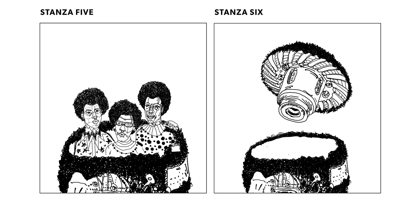 Drawings of Octavia Butler's head. Stanza 5 is 3 people together in her head. Stanza 6 is the top unscrewed and flying off.